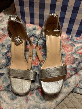 SHEIN Silver Open-Toe Ankle Strap Heels